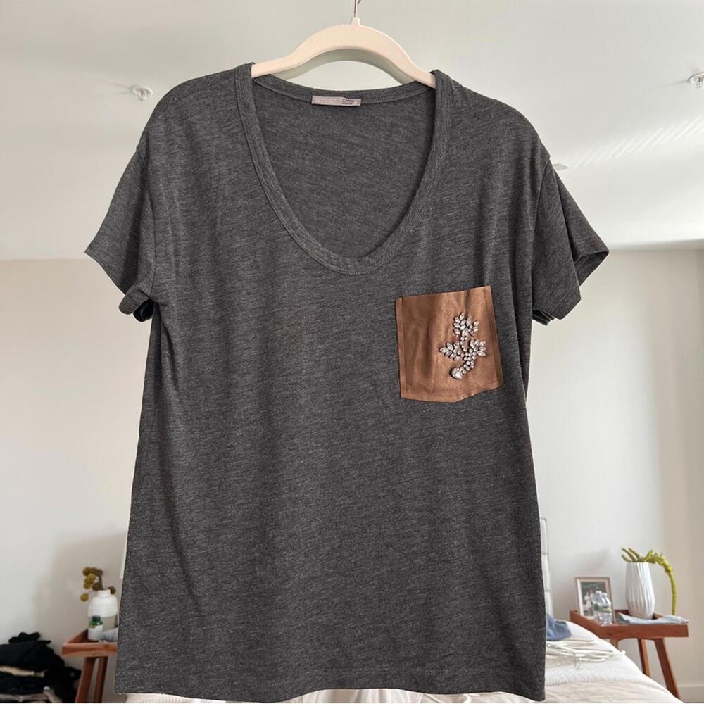 Zara Dark Gray Tee with Embellished Tan Pocket